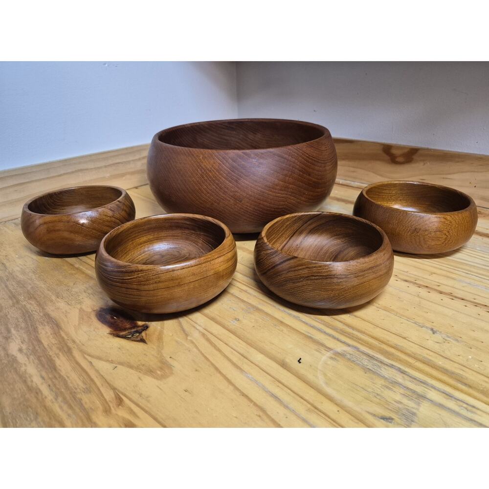 Vintage Goodwood Genuine Teak Wood Salad Bowl Set 5 Pc Thailand